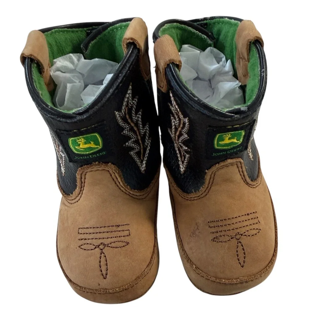 John Deere Baby Boy Leather Western Cowboy Crib Boots Brown Black JD0190 Size 1M